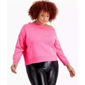 Bar III Hot Pink Dropped Off Shoulder Light Retro Sweater Top Plus Size 1x New